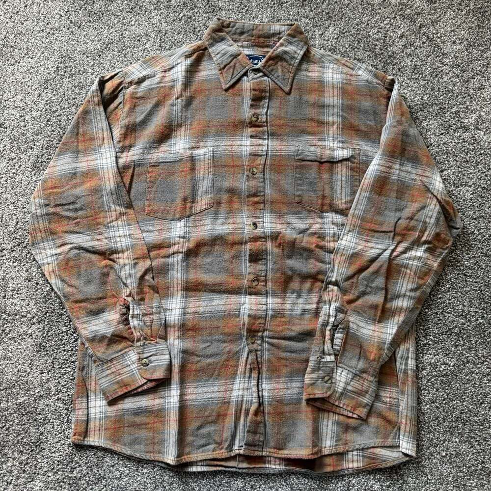 Vintage Botany 500 Brown Plaid‎ Flannel Button Up Shirt USA Style Large